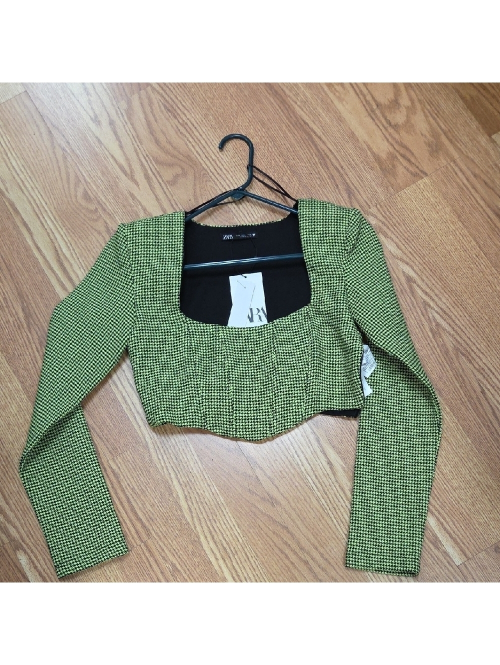 New Zara Houndstooth Neon Green Checkered Corset Crop Top
